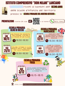 I.C. Don Milani Lanciano. Laboratori rivolti ai bambini dell'ultimo anno delle scuole d'infanzia del territorio presso le scuole primarie del nostro Istituto. Prenotazioni tramite QrCode o telefonando al numero 0872 713427. Scuola primaria Olmo di Riccio, Marcianese e Frisa.